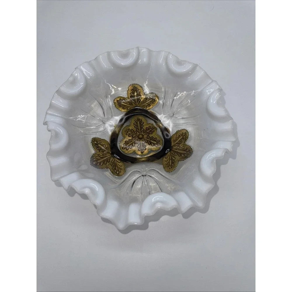 Northwood Dugan Glass Opalescent Crimped‎ Ruffle Footed & Goofus Gold Glass Bowl